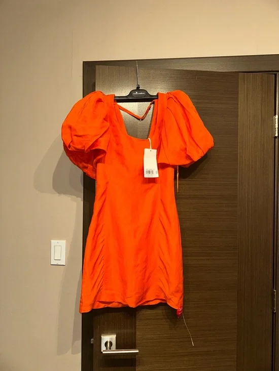 NWT Frame linen Orange Puff Sleeve Mini Dress size XS - Picture 3 of 8